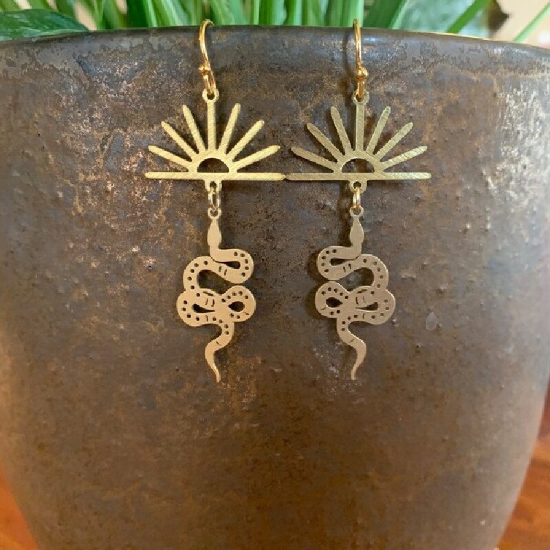 Full Circle Yoga School Antique Gold Plated Kundalini Handmade Snake Earrings Hypoallergenic