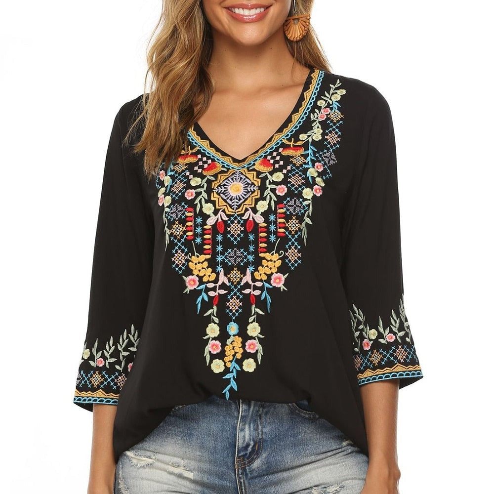 Boho Floral Embroidery Mexican Blouse Shirts - Full Circle Yoga School